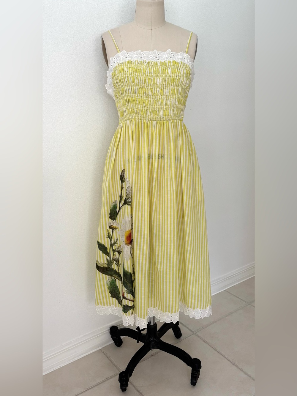 Anthropologie - LyreBird Smocked Printed MIDI Dress NWT Chartreuse Stripes M
